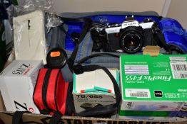 A BOX OF PHOTOGRAPHIC EQUIPMENT, comprising a Minolta XG 1 camera fitted with an f2 45mm lens, a
