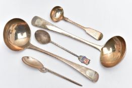 A SELECTION OF SILVER FLATWARE, to include two silver ladles with monogram engraving, hallmarked '