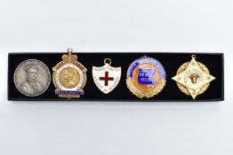 FIVE SILVER MEDALS/BADGES, four gold plated examples, to include a Masonic Grand Council medal and a
