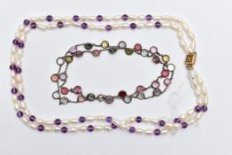 MULTI GEMSTONE SET RIVIERE NECKLACE AND A CULTURED PEARL NECKALCE, featuring various circular cut