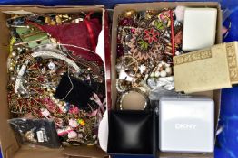 A LARGE HEAVY BLUE BOX OF COSTUME JEWELLERY, various beaded jewellery, brooches, earrings, rings,