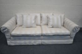 A CREAM STRIPPED SOFA BED, length 215cm (condition:-fabric dirty in places)