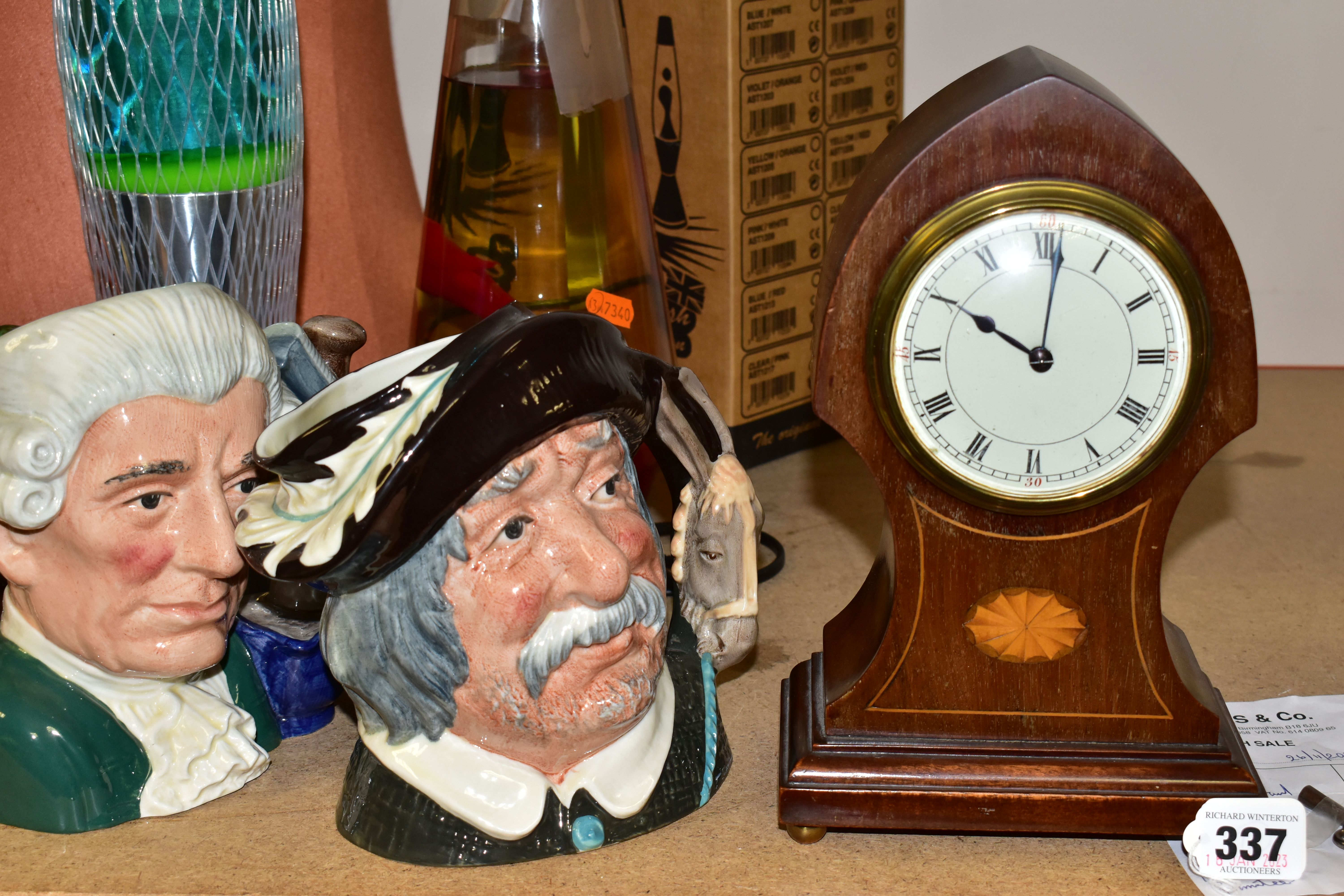 A GROUP OF CHARACTER JUGS AND TABLE LAMPS, to include an Edwardian keyhole shaped mantle clock - Image 2 of 5