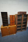 A SELECTION OF BESPOKE CABINETS, to include a glass two door cabinet, a teak tambour front