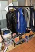 NINE BOXES AND LOOSE CLOTHING AND ACCESSORIES, to include a ladies navy Hobbs coat size 18, a
