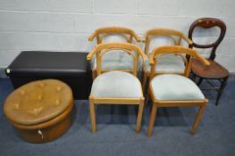 FOUR BEECH ARCH BACK CHAIRS, 19th century chair, a brown leatherette footstool, and an ottoman stool