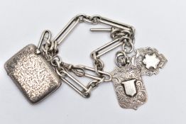 A SILVER ALBERT CHAIN, FOB MEDALS AND A VESTA CASE, the fetter albert chain each link stamped with a