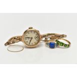 TWO GEM SET RINGS AND 9CT GOLD WRIST WATCH, the first a 9ct gold ring, semi bezel set with five