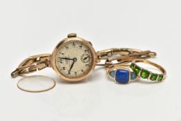 TWO GEM SET RINGS AND 9CT GOLD WRIST WATCH, the first a 9ct gold ring, semi bezel set with five
