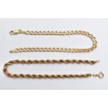 TWO 9CT GOLD BRACELETS, the first a hollow rope twist chain, fitted with a spring clasp,