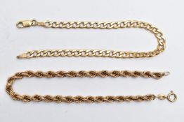TWO 9CT GOLD BRACELETS, the first a hollow rope twist chain, fitted with a spring clasp,