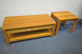 A JOHN LEWIS OAK COFFEE TABLE, with two drawers, and an undershelf, length 111cm x depth 50cm x