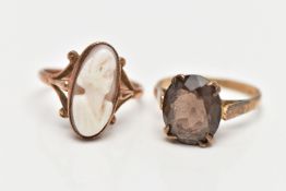 TWO 9CT GOLD RINGS, the first a shell cameo, collet set in rose gold, leading on to trifurcated