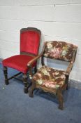 A MID CENTURY OAK CHAIR, with red upholstery, foliate carving to back rest, a concave seat, on front