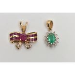 TWO GEM SET PENDANTS, the first a 9ct yellow gold bow pendant, centrally set with an oval cut ruby