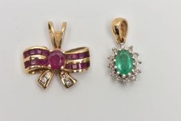 TWO GEM SET PENDANTS, the first a 9ct yellow gold bow pendant, centrally set with an oval cut ruby