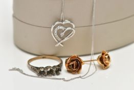 A 9CT GOLD NECKLACE, PAIR OF EARRINGS AND A YELLOW AND WHITE METAL RING, the first a double heart