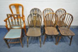 FOUR BEECH SPINDLE BACK CHAIR, two wheel back chair, an Edwardian chair, and a cherrywood