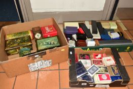 THREE BOXES OF EMPTY JEWELLERY BOXES, TINS AND PLAYING CARDS, to include a quantity of assorted