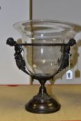 A BAROQUE STYLE CENTREPIECE, a clear glass bowl supported by a figural metal stand, height 34cm (