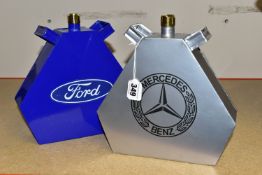 TWO REPRODUCTION VEHICLE OIL CANS, comprising a blue painted Ford oil can and a silver painted