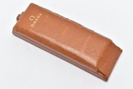 A VINTAGE 'OMEGA' WATCH CASE, tan in colour, hinged rectangular box signed to the front 'Omega',