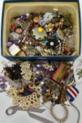 A BOX OF ASSORTED COSTUME JEWELLERY, beaded necklaces, bangles, brooches, pendant necklaces,