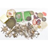 A BOX OF ASSORTED JEWELLERY, COINS AND OTHER ITEMS, to include a silver AF thimble hallmarked