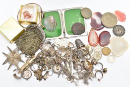 A BOX OF ASSORTED JEWELLERY, COINS AND OTHER ITEMS, to include a silver AF thimble hallmarked