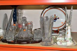 A TUTBURY CRYSTAL SHIP'S DECANTER WITH SIX MATCHING WHISKY TUMBLERS SET ON A WOODEN SERVING TRAY,