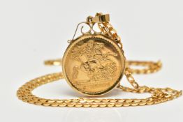 A PENDANT AND 9CT YELLOW GOLD CHAIN, the pendant set with a fake coin, within a plain polished