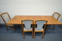 A MID CENTURY TEAK EXTENDING DINING TABLE, with a single fold out leaf, open length 213cm x closed