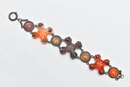 A SCOTTISH AGATE BRACELET, designed with three carved cross banded agates, interspaced with linked