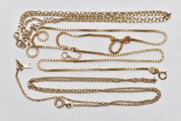 THREE 9CT GOLD CHAINS, the first a fine 9ct gold belcher chain, fitted with a spring clasp,