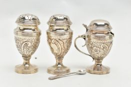 A SILVER THREE PIECE CRUET SET, to include two pepperettes and a mustard, embossed with a floral