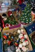 SEVEN BOXES AND LOOSE CHRISTMAS DECORATIONS, to include two ceramic Christmas trees, vintage Santa