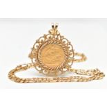 A HALF SOVEREIGN PENDANT WITH 9CT YELLOW GOLD CHAIN, the half Sovereign dated 1893, within a 9ct