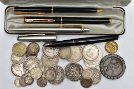 AN ASSORTMENT OF PENS AND SILVER COINAGE, to include a signed 'Waterman' fountain pen and ball point