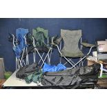 FIVE FOLDING CAMPING CHAIRS including three silver grey fabric, a green and a blue (5)
