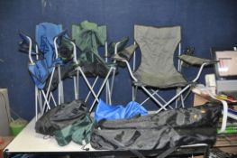 FIVE FOLDING CAMPING CHAIRS including three silver grey fabric, a green and a blue (5)