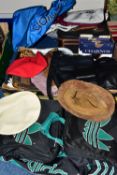 ONE BOX OF LADIES HATS, BAGS AND SCARVES, to include a table runner, two pairs of black leather