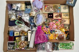 TWO BOXES OF COSTUME JEWELLERY, to include beaded necklaces, bracelets, bangles, earrings and rings,