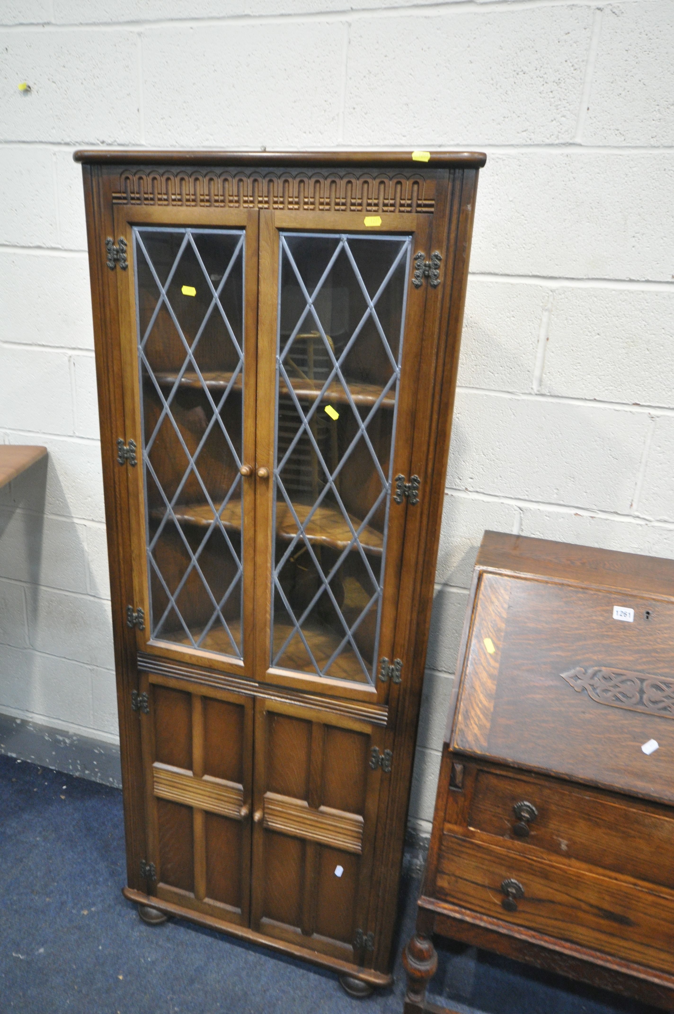 A PRIORY OAK COURT CUPBOARD, width 153cm x 46cm x height 127cm along with a glazed corner - Image 4 of 4