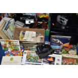 FOUR BOXES AND LOOSE CAMERAS, PRINTER, CIGARETTE CARDS, CDS AND SUNDRY ITEMS, to include a Kodak