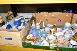 THREE BOXES OF ASSORTED CERAMICS, to include a quantity of Devon Moor Pottery Blueware, Wedgwood