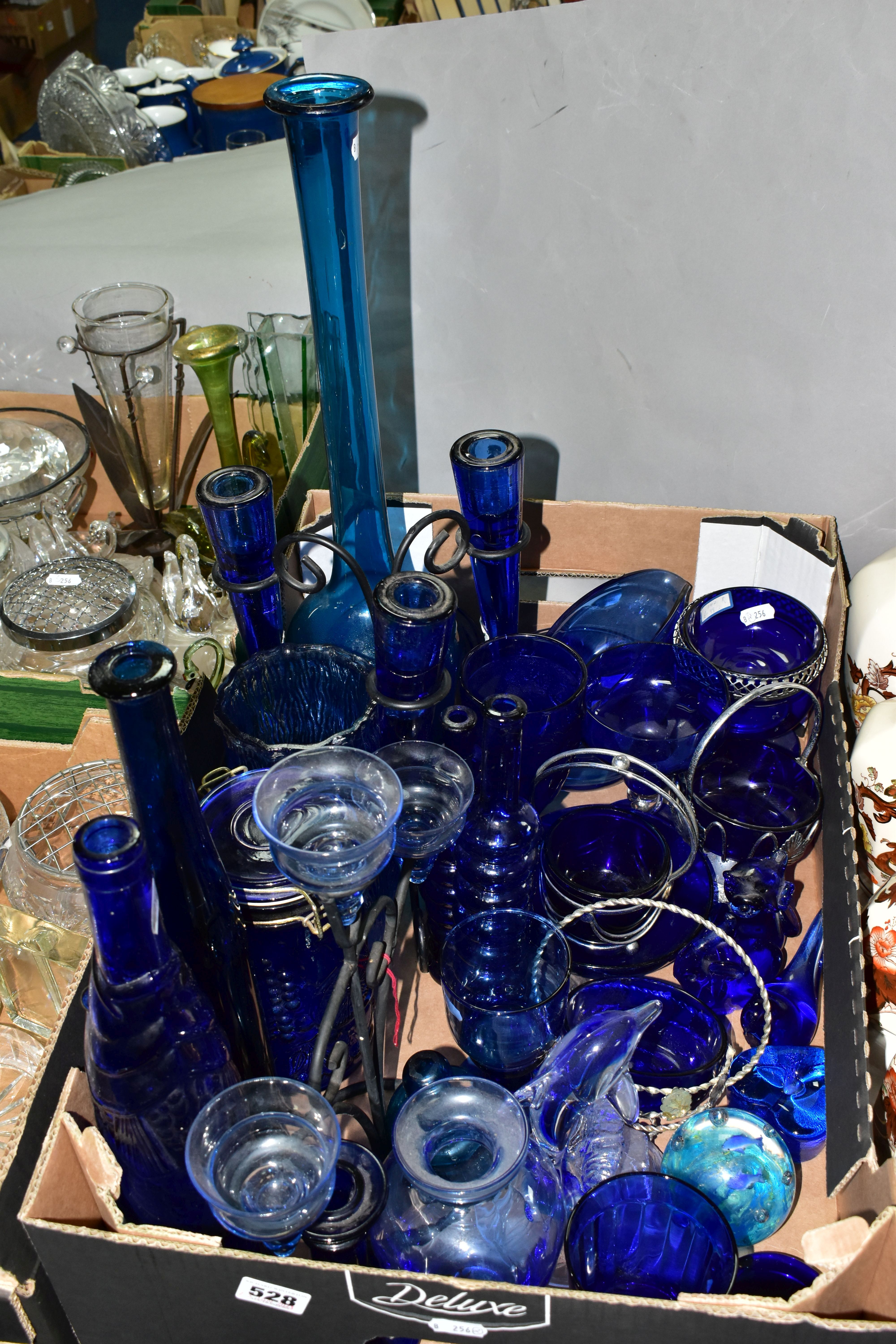 THREE BOXES OF GLASSWARES, to include a box of blue glass containing bottles, vases tallest 50. - Image 2 of 7