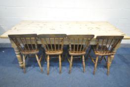 A PINE REFECTORY KITCHEN TABLE, on turned legs, length 214cm x depth 90cm x height 78cm, and four