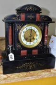 A LATE VICTORIAN BLACK SLATE MANTEL CLOCK, with red marble columns, gilt foliate carved decoration