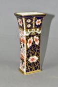 A ROYAL CROWN DERBY IMARI 6299 VASE, of rectangular tapering form, printed, incised and painted