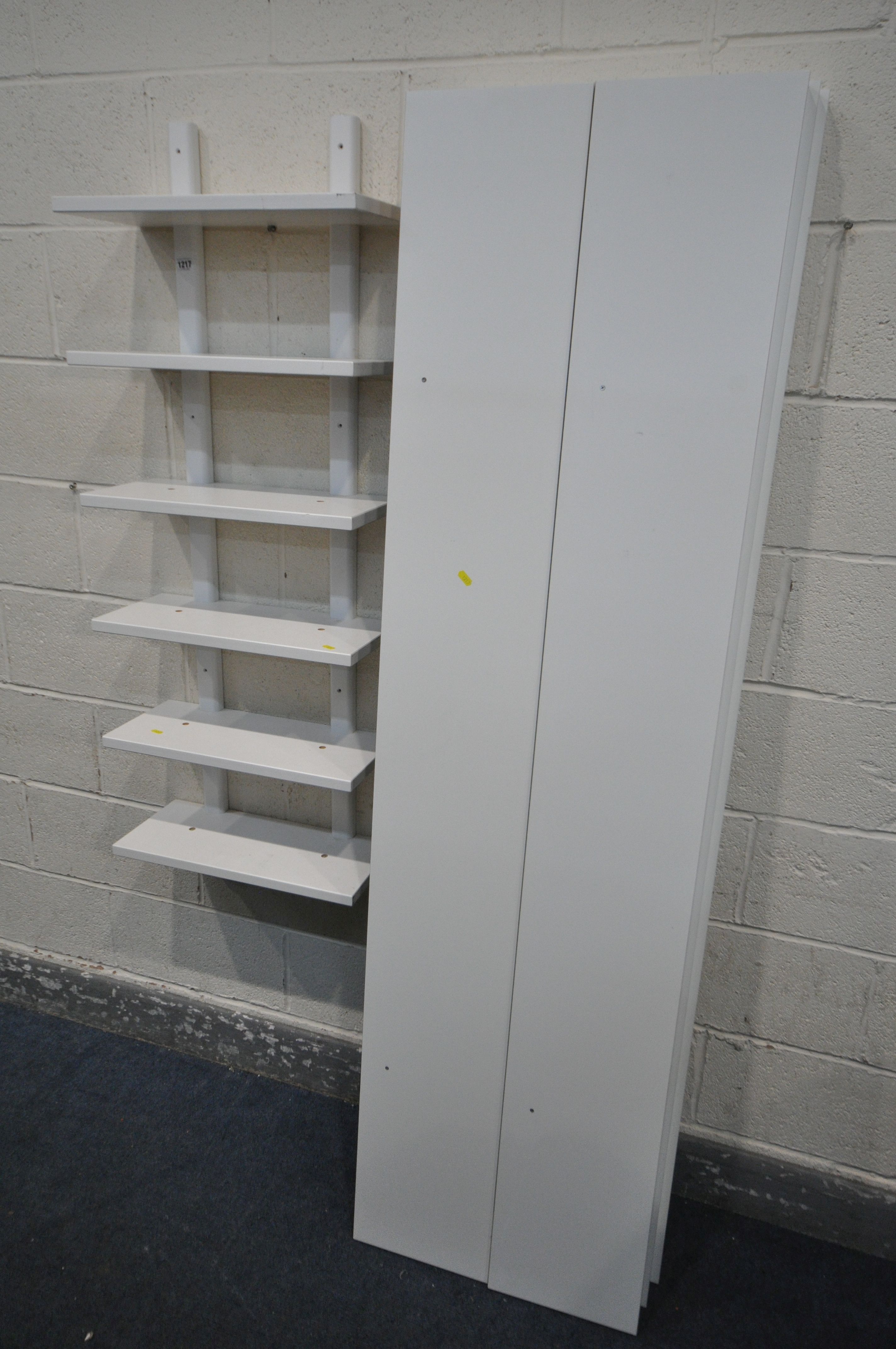 SIX IKEA WHITE FINISH FLOATING WALL SHELVES, length 190cm (condition:-one shelf damaged) and a six